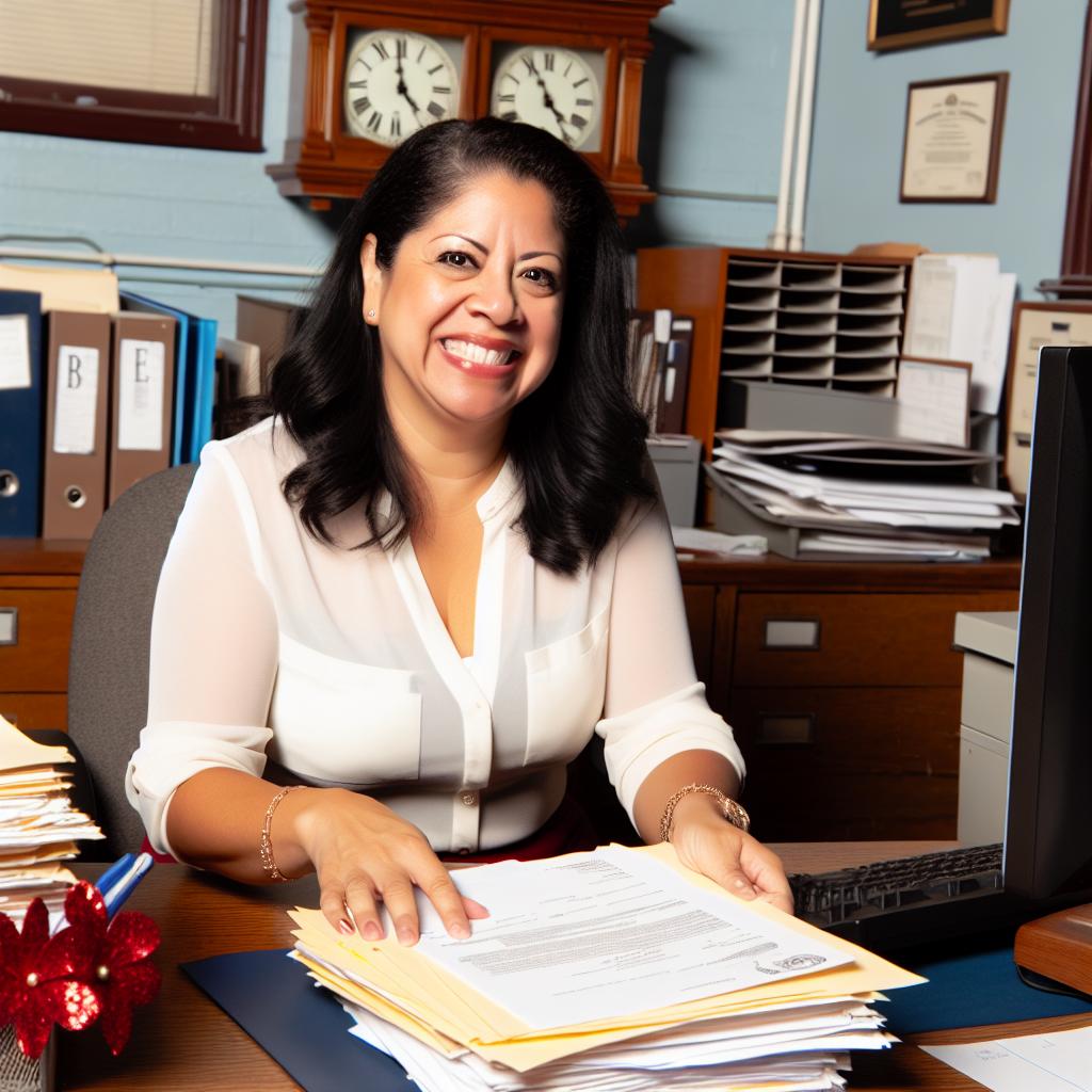 university admissions department leader smiling and looking at information